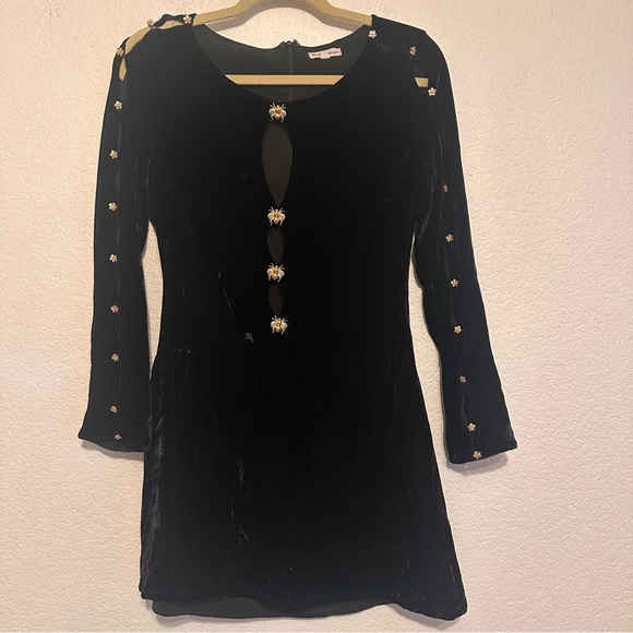 For Love And Lemons Black Velvet and Gold Bee Sheath Dress size small - Picture 5 of 12